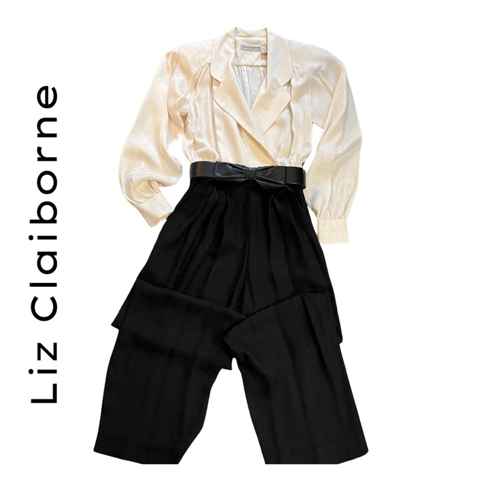 VINTAGE 80’S LIZ CLAIBORNE CREAM AND BLACK SILK JUMPSUIT, SIZE 4 PETITE